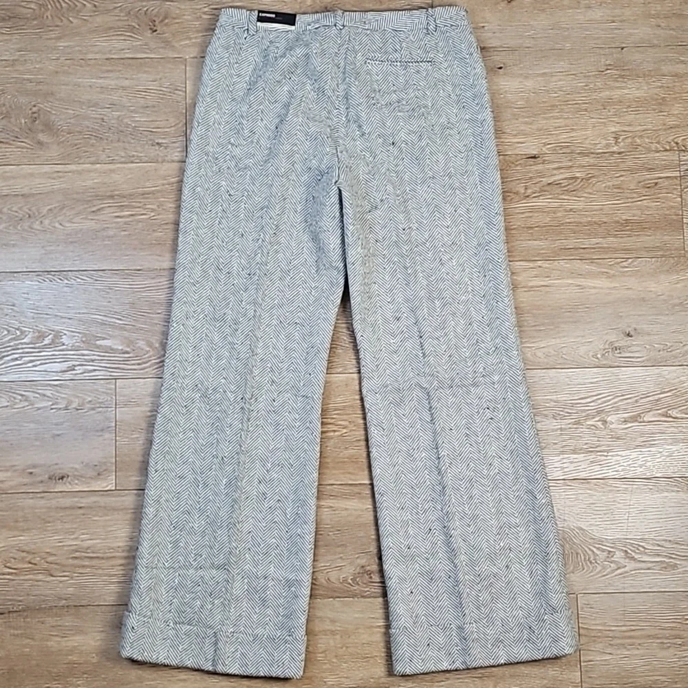 NWT Express Precision Fit Wool Blend Grey Cream Herringbone Tweed Wide Leg Pant